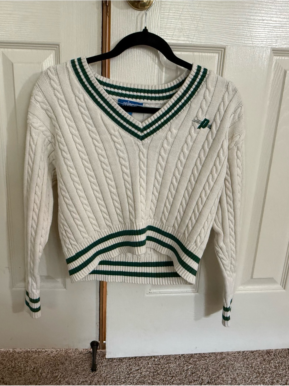Prince Pickleball Cable Knit Sweater White Green V Neck Small
